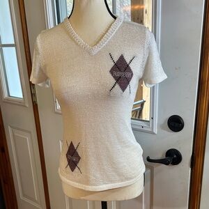 Burberry White V-Neck Knit Short Sleeve Sweater with Argyle Design